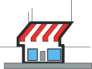 Cartoony graphic of a small shop